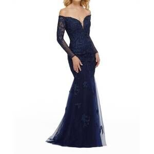 NEW MGNY metallic lace trumpet dress in navy